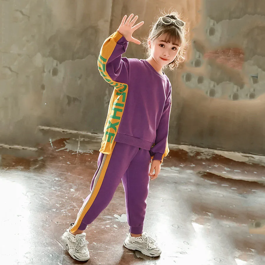 Высокая уличный спортивный костюм для девочек, От 4 до 13 лет фиолетовый Фонарь «буквы», топ с длинными рукавами+ эластичные штаны для фитнеса Комплект Дети весна Детский спортивный костюм - Цвет: Фиолетовый