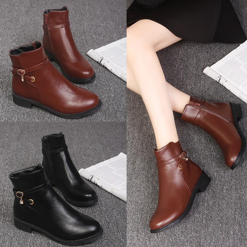 

Women's Short Boot Lace Up Boots Flat Heel Bootee Woman 2019 Autumn Shoes Booties Ladies Low Heels booties Round Toe Mid-Calf Mi