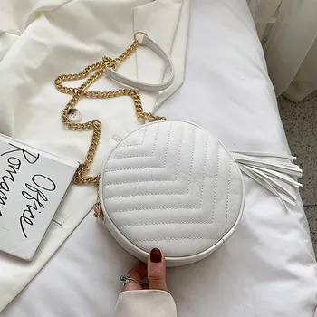 

Ladies Round Chain Crossbody Bag For Women Retro Leather Tassel Bucket Bag Shoulder Bag Small Circle Purses Sac Main #X