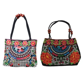 

2 Pcs Chinese Style Women Handbag Embroidery Ethnic Summer Fashion Handmade Flowers Ladies Tote Shoulder Bags Cross-Body, Butter