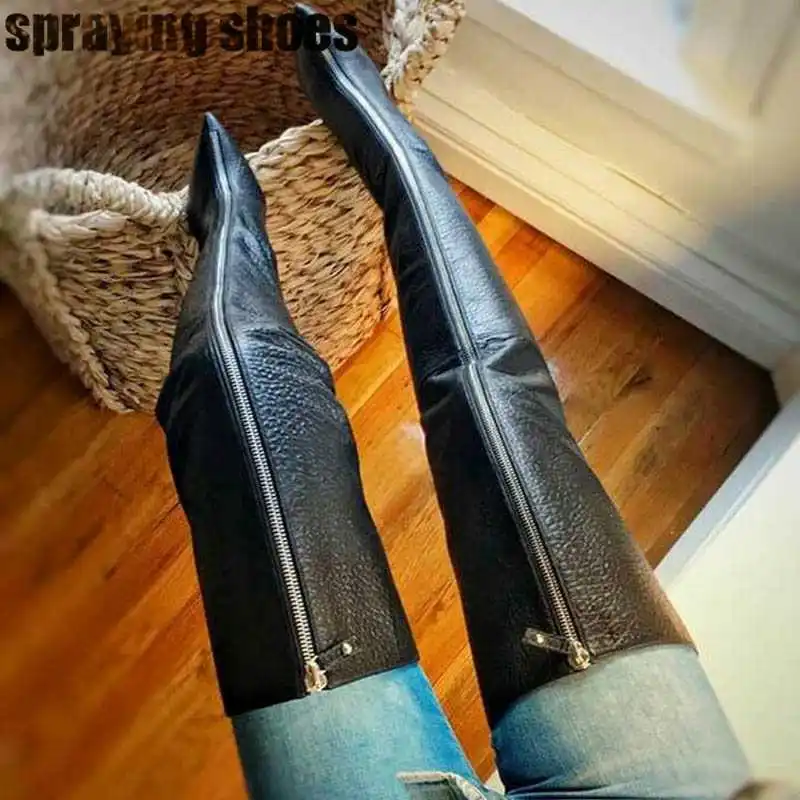 

Black Leather Women Winter Boots Front Zipper Design Over The Knee Boots Pointy Toe Stilettos Sexy Ladies Shoes High Boots 2019