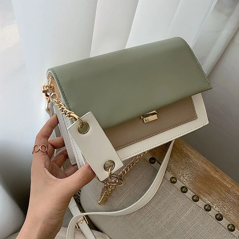 

Women 2019 Summer Contrast Leather Crossbody Bags Chain Messenger Shoulder Bag Lady Travel Mini Handbags Female Cross Body