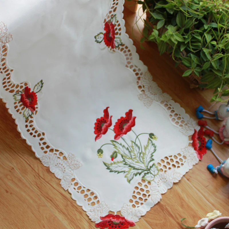 

2Size New Satin Embroidery Table Runner Cloth Cover Bed Lace Tablecloth Placemat Mantel Kitchen Christmas Wedding Decor