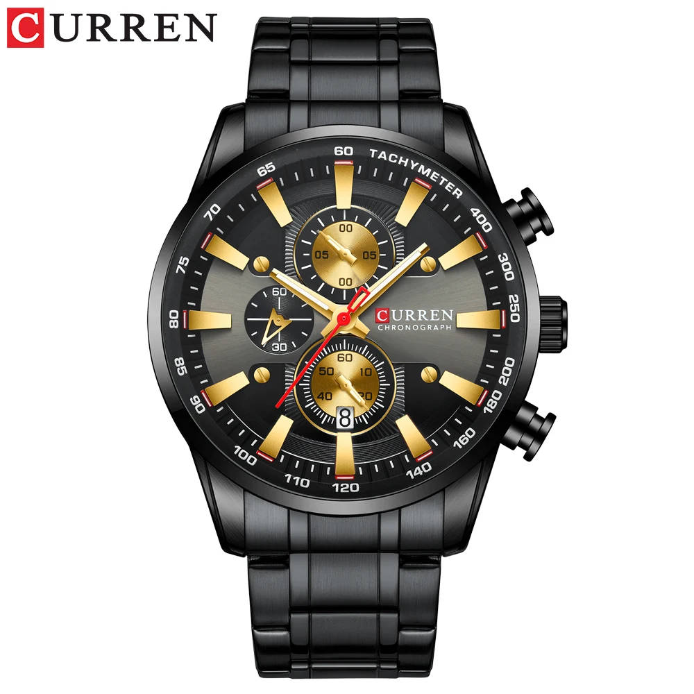 CURREN- Reloj de acero inoxidable negro dorado para hombre, reloj de pulsera masculino deportivo de cuarzo a la moda, cronógrafo, con fecha