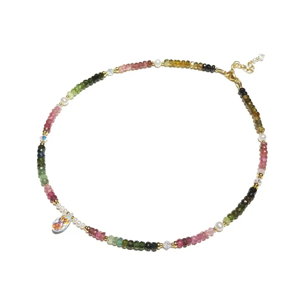 Lii Ji Natural Rainbow Tourmaline Freshwater Pearl Austria Crystal 14K Gold Filled Necklace 37cm+4cm October Birth Stone Gift | Украшения и