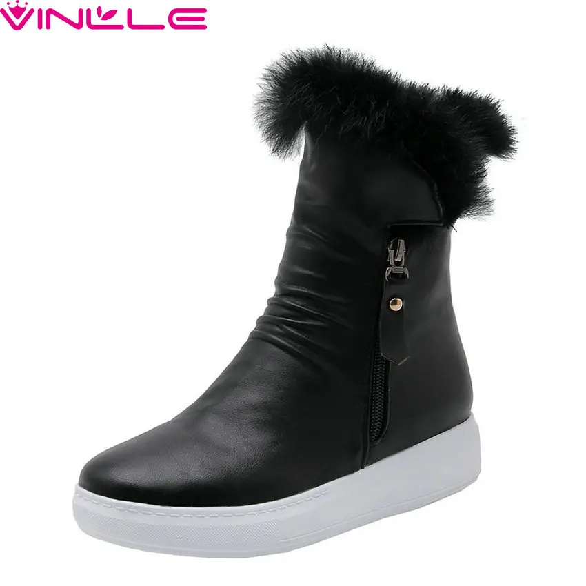 

VINLLE 2019 Women Shoes Snow Boots PU leather Med Heel Zipper Solid Round Toe Concise All Match Casual Western Style Size 34-39