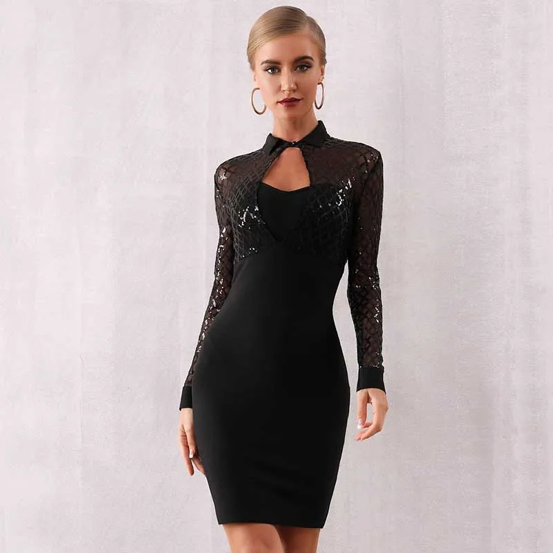 Новинка года, женское платье черного цвета с длинными рукавами и пайетками, облегающее, модное, коктейль со знаменитостями вечерние Бандажное платье