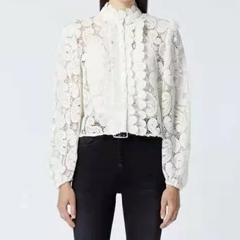 

Hollow embroidery lace pattern women shirt 2020 new Retro temperament long-sleeved lady shirt top