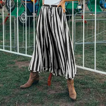 

Women's Bohemian Vestidos Oversized Faldes ZANZEA 2020 Vintage Stripes Skirts High Waist Long Maxi Skirts Female Solid Robe 5XL