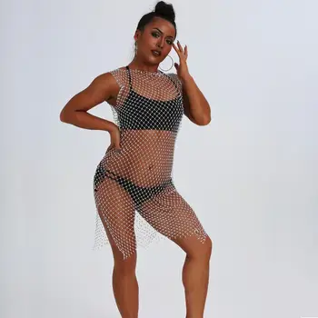 

Sexy Rhinestone V-neck Round collar Body Chain Black White Crystal Long Grid Skirt Chains Sexy Body Jewelry for Women