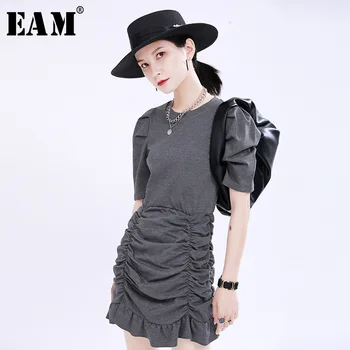 

[EAM] Women Gray Pleated Ruffles Temperament Dress New Round Neck Short Puff Sleeve Loose Fit Fashion Spring Summer 2020 1U168