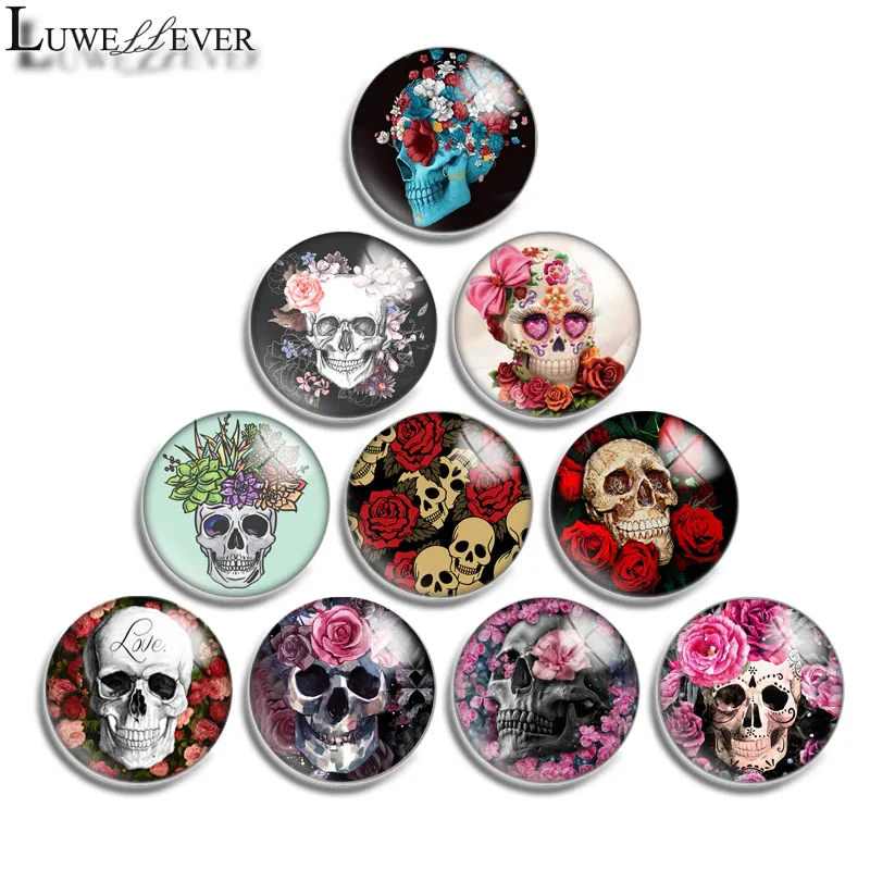 

12mm 14mm 16mm 20mm 25mm 30mm 595 Skull Flower Mix Round Glass Cabochon Jewelry Finding 18mm Snap Button Charm Bracelet