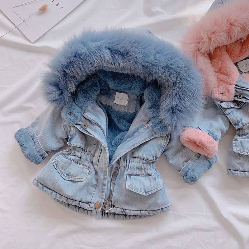 Autumn Winter New Arrival Girls Fashion Denim Coat Kids Fashion Jackets with Fur Hoodies Kids Thick Fleece Coat