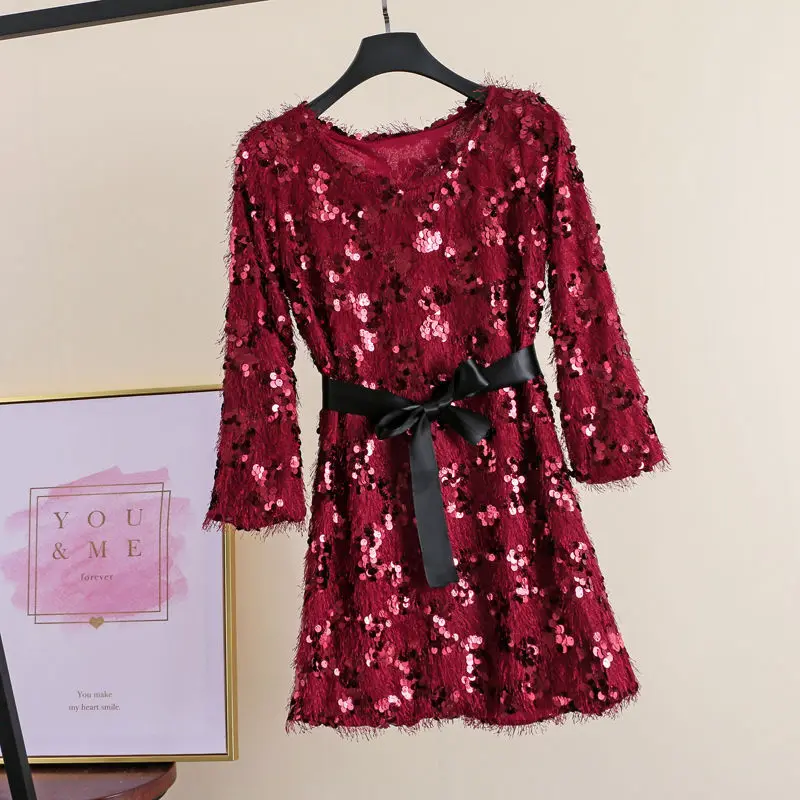 Burgundy Neploe/пикантные вечерние женские платья с круглым вырезом и элегантной кисточкой, расшитые блестками, с высокой талией, Vestido, с длинными рукавами, с бантом, Ropa, Осень-зима 46895 - Цвет: Burgundy