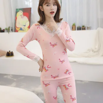 

2020 Spring Autumn Lace V-neck Thermal Underwear Sets for Women Long Sleeve Print Thick Warm Body Shaper Pajamas Sleepwear Suits