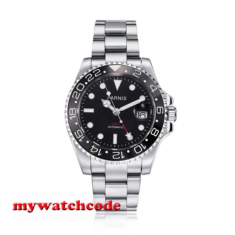 Parnis 40mm black dial GMT Mechanical Watch Sapphire glass automatic mens watch high quality super luminous Relogio Masculino