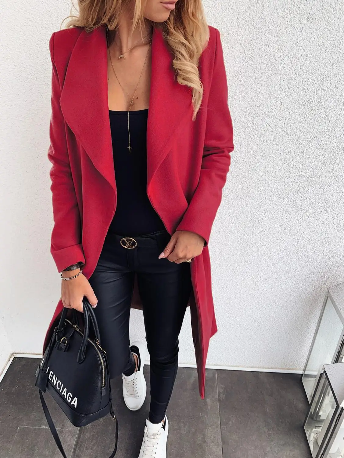 Красный Women Long Sleeve Turn-Down Collar Coat Autumn Winter Warm Soft Slim Belt Robe Pocket Overcoat Casual Thick Coat Plus Size - Цвет: Красный