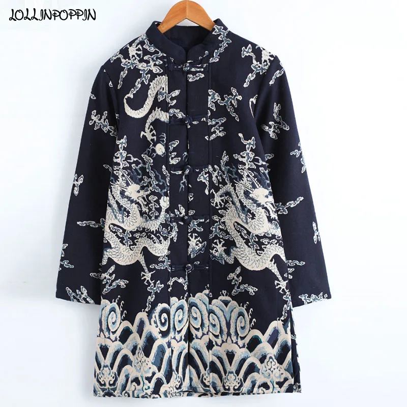 

Chinese Royal Style Men Mandarin Stand Collar Dragon Printed Jacket Cotton & Linen Mens Inside Fleeced Coat Frog Closures