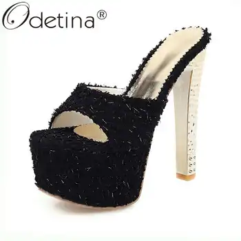 

Odetina Women Fashion Stiletto Extreme High Heel New Party Pumps Female Peep Toe Canvas Slingbacks Slip On Platform Casual Pumps