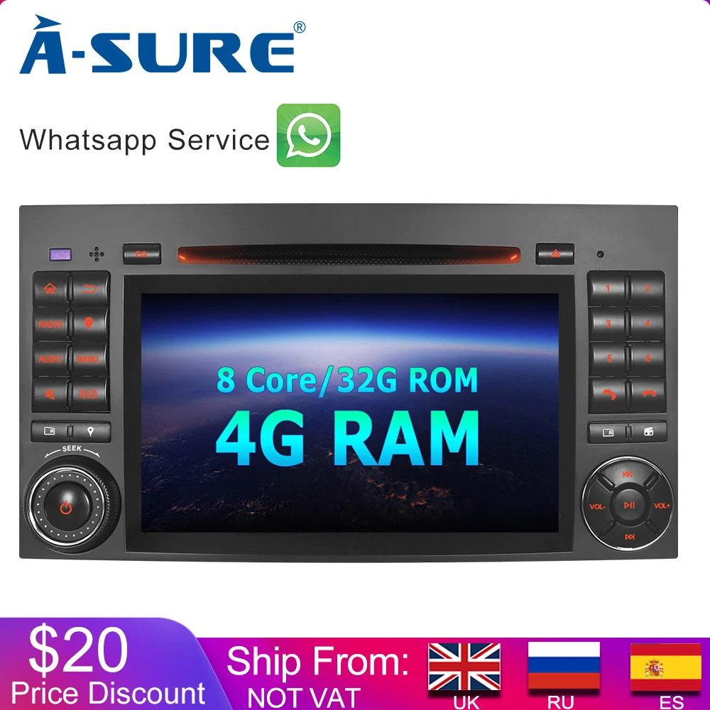 

A-Sure 2 Din 8 Core 4G RAM Android 9.0 Auto Radio GPS DVD Player Stereo Navi For Mercedes-Benz A/B Sprinter Vito Viano VW Crafte
