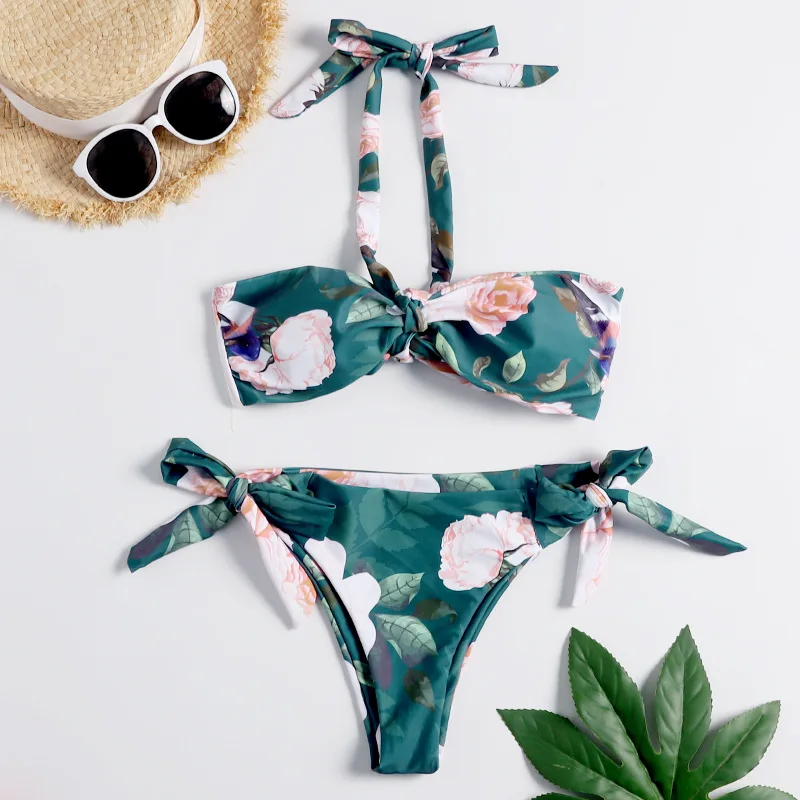 

2019 New Summer Bandeau Bikini Push Up Green Swimsuit Padded Bra Swimwear Cut Out Tie Side Bottom Swimming Suit Beach Biquini