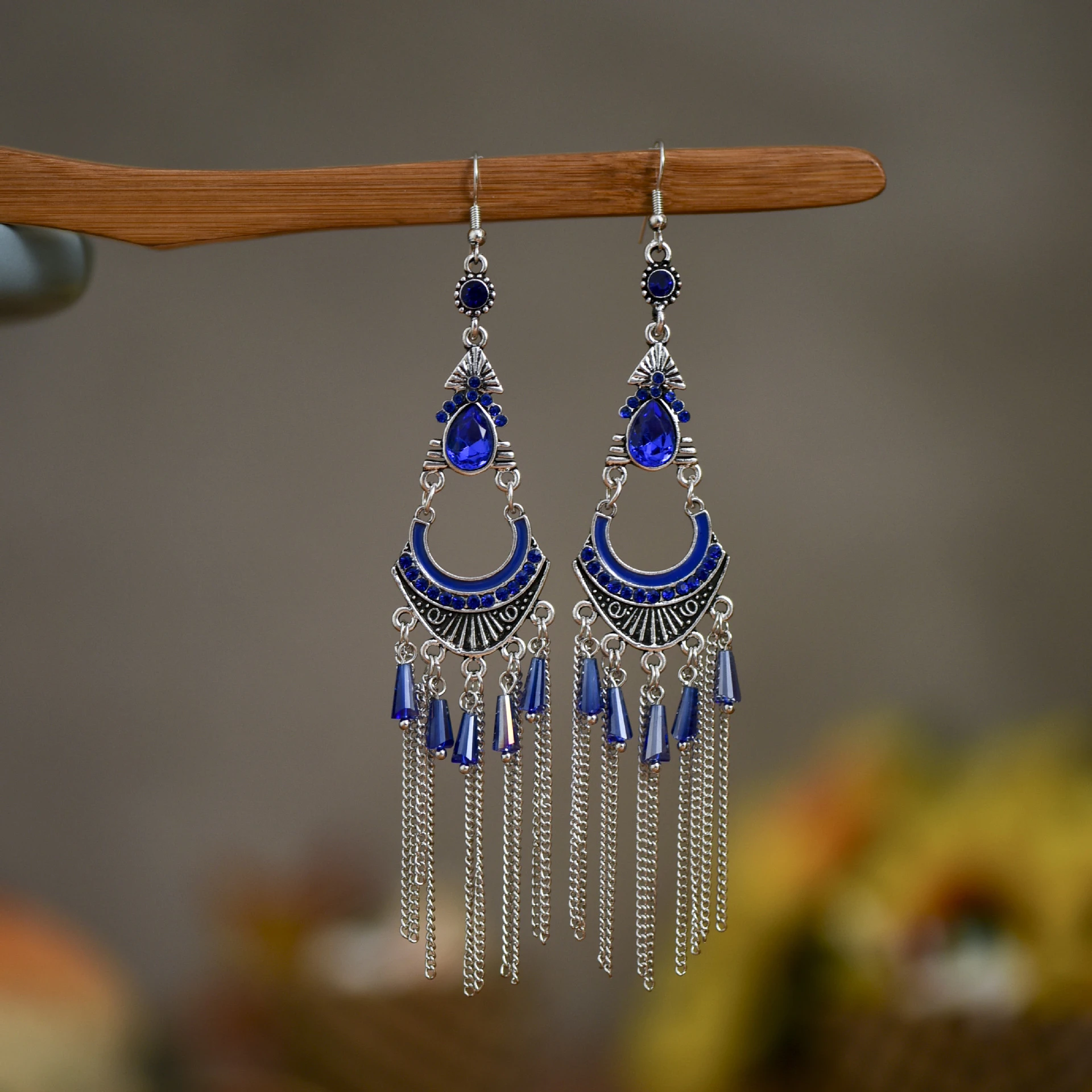 de madera Fuerza Vago Pendientes bohemios Vintage para mujer, con diamantes de imitación azules,  estilo étnico, de aleación Color plateado, aretes colgantes con borlas| Pendientes con forma de gota| - AliExpress