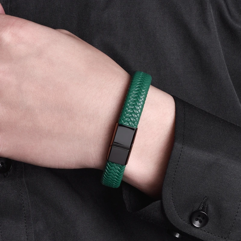 Mozo fashion подвеска зеленый плетеный кожаный браслет из черной нержавеющей магнитный браслет со стальными элементами модные женские туфли браслеты 161