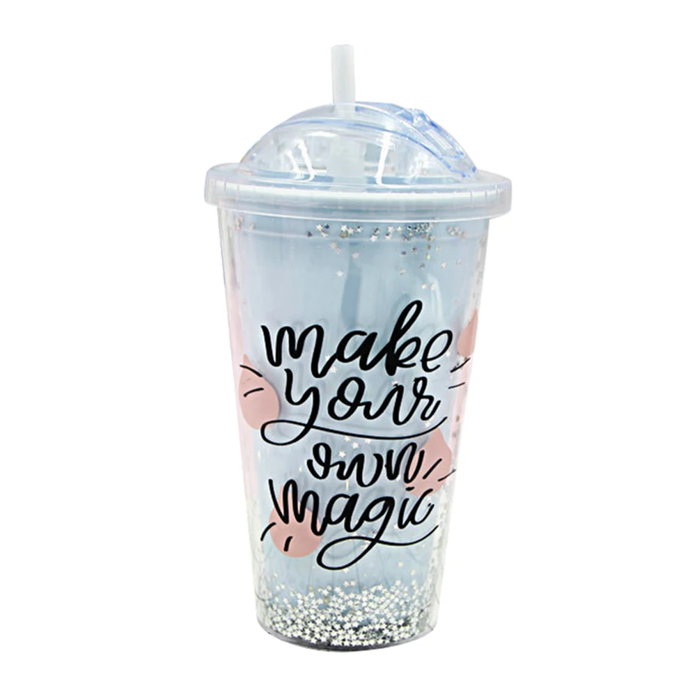 1 Hot Plastic Portable Hand-held Double Straw Cup Double Layer Student Water Cup L99 - Цвет: 1