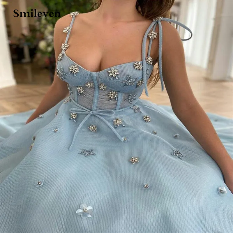 

Smileven chic Light Sky Blue Prom Dresses Puff Sleeves A-Line Short Evening Dresses Starry Tulle Ankle Length Party Dress