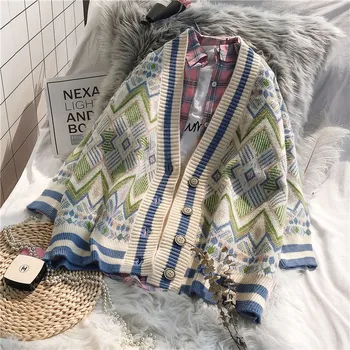 

2019 New Spring Autumn Loose Female Sweaters Single Breasted V Neck Printing Knitted Outwear Long Sleeve Women Cardigans