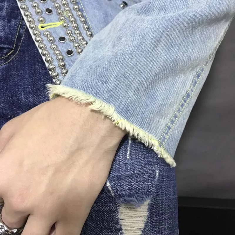 KIOVNO Men Punk Rivet Denim Jackets With Rhinestone Fashion Style Jeans Jackets Outwear Male Multi Pockets Size S-4XL (10)