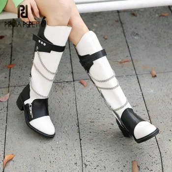 

Prova Perfetto Hand-made Genuine Leather Women's Thigh High Boots Punk Mixed Colors Chain Round Toe Zipper-Sid Casual Shoes 2020