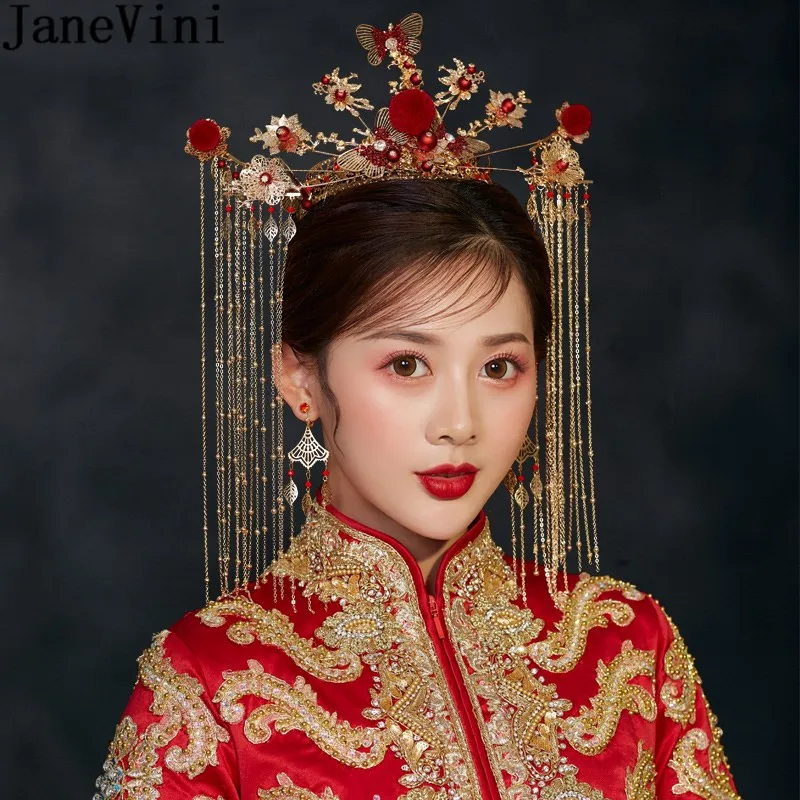 

JaneVini Chinese Style Gold Ancient Bridal Crowns Butterfly Red Pearls Beaded Women Bride Wedding Pageant Headpiece Earrings Set