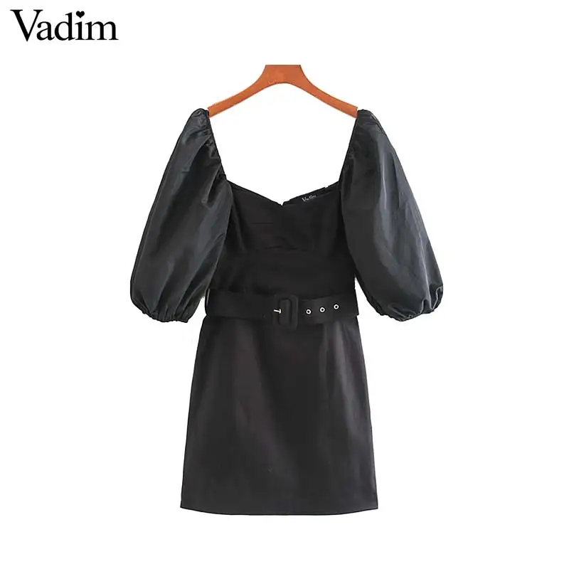 

Vadim women chic patchwork mini dress square collar bow tie half sleeve party club wear sexy mini dresses vestidos QD187