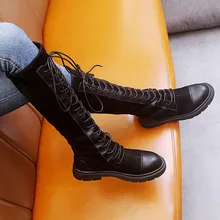 Женские облегающие высокие сапоги модные однотонные сапоги до колена на плоской подошве со шнуровкой в стиле панк Женская осенне-зимняя обувь до бедра в британском стиле