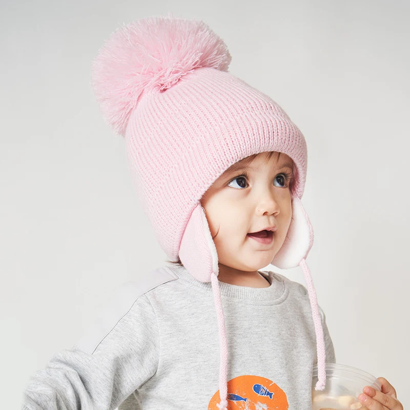 

Girl Hat Winter Earflap Baby Boy Beanie Knit Fleece Lining Pompom Autumn Warm Skiing Outdoor Accessory For Toddlers
