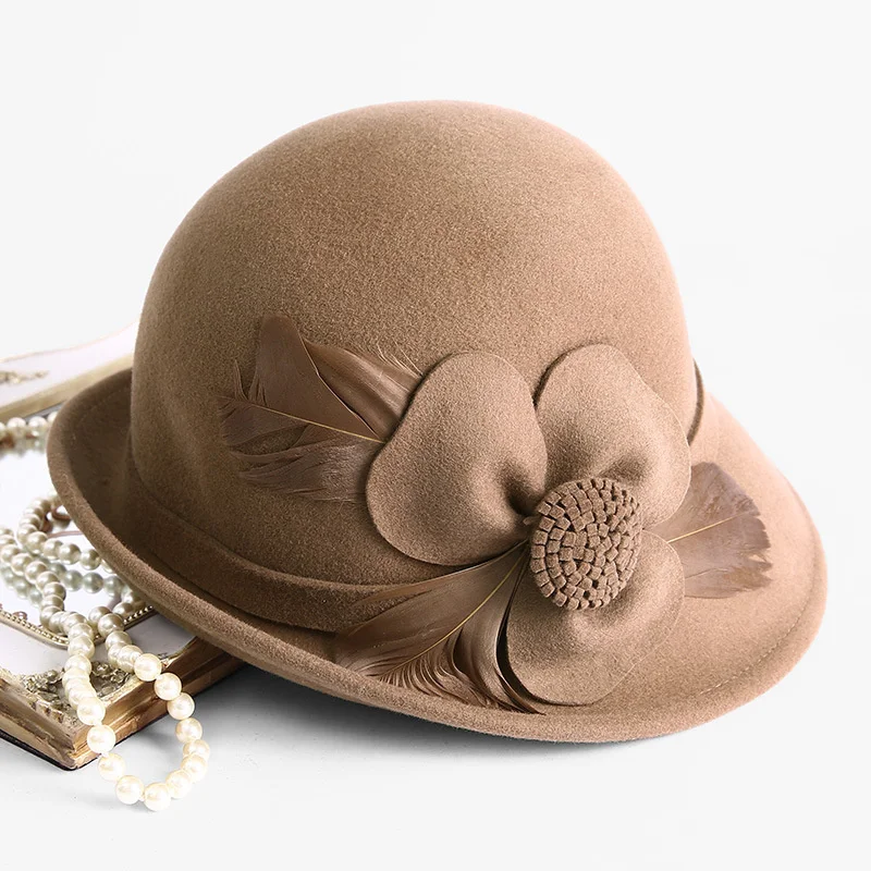 Hepburn Style Australia Wool Hat Woman Flower Cloche Cap Lady Felt Fedora