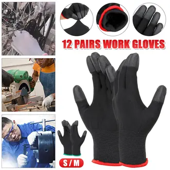 

12 Pairs Nylon PU Finger Coated Protector Safety Labor Gloves Wear Skid Resistant Anti Static Gardening Builders Work Gloves S/M