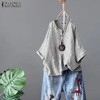

Women's Striped Blouse ZANZEA 2020 Stylish Summer Shirts Casual V Neck Work Blusas Female Short Sleeve Tops Oversized Tunic 5XL