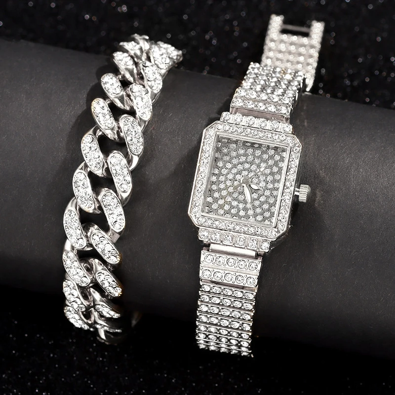 Iced Out Rose Gold Silver Color Watch Women's Luxury Rhinestone Cuban Chain Bracelet Watches Fashion Wrist Watch Hip Hop Jewelry 