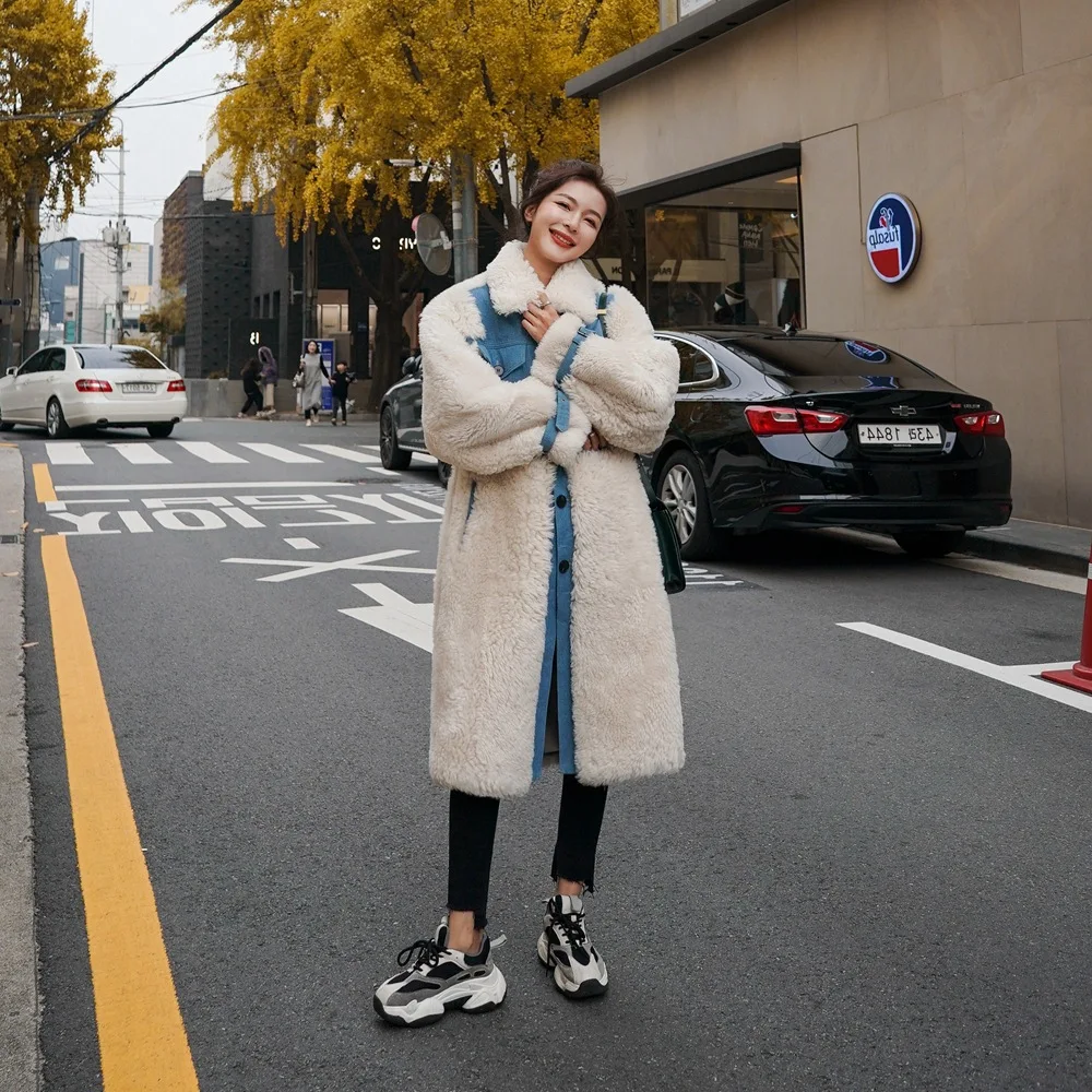 

Photo Shoot Sense of Design Cowboy Joint Lambs Wool Long Cotton Overcoat 2019 Winter New Style Retro Overcoat Women's