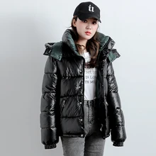 Winter Down Jacket Hooded Thick Warm Glossy Short Pu Leather Down Coat Loose Casual Puffer Parkas Waterproof Outwear Coat Women