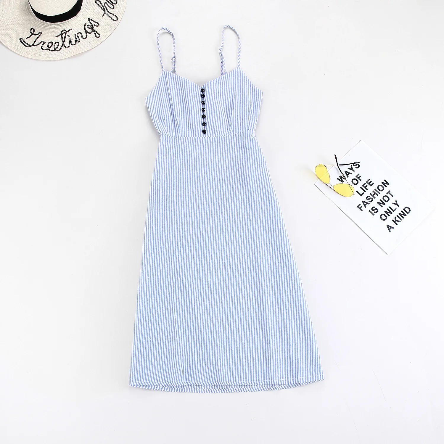 

Summer Women Dress A-line Spaghetti Strap Striped Casual Dress Empire Waist V Neck Bow-knot Ladies Midi Dress 2019 Ropa Mujer