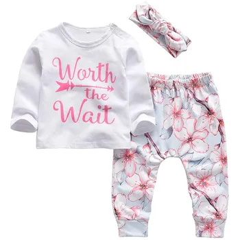 

Newborn Baby Girl Long Sleeve Letter T-Shirt Tops+Flower Pants+Headband Outfit Girls Set FH5