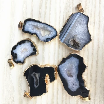

Natural Stone Brazilian Electroplated Edged Slice Open Black Agates Pendant Geode Drusy Druzys For Women Necklace jewelry Making