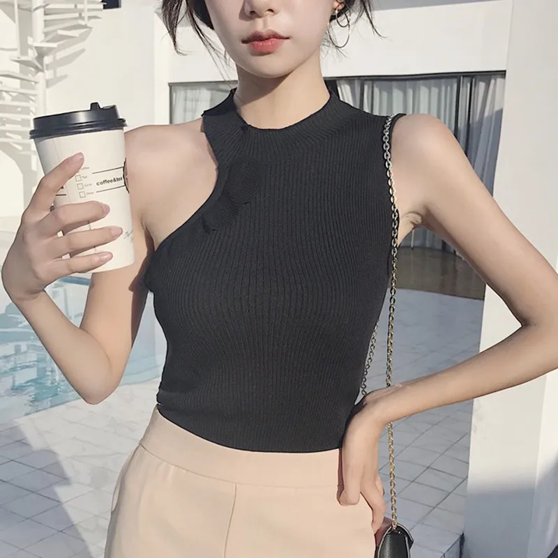 

2019 Women's Summer Sleeveless Irregular Ruffles Tank Top Vintage Striped Solid Knitted Basic Sports Tight Slim T-Shirt