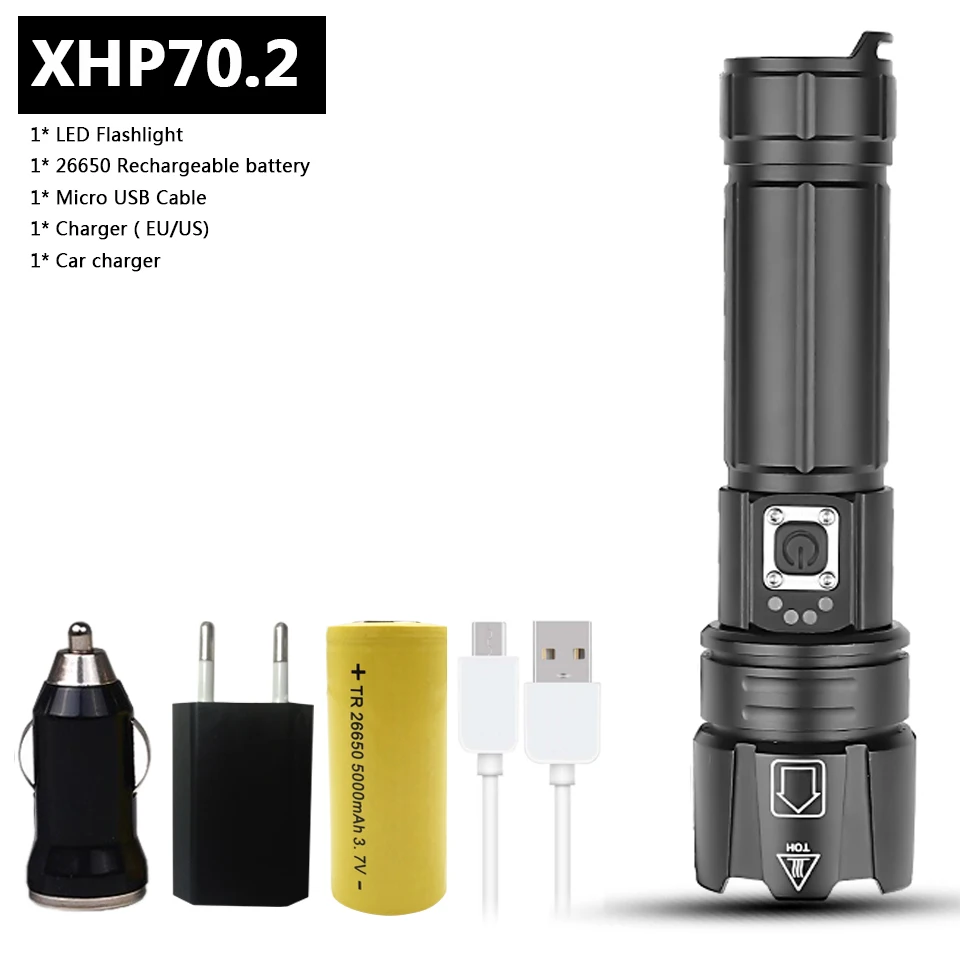 Package F Светодиодный фонарик cree xhp70.2, зарядка через usb, растягивающийся, ударопрочный, мощный, перезаряжаемый фонарь 18650 или 26650 - Испускаемый цвет: Package F