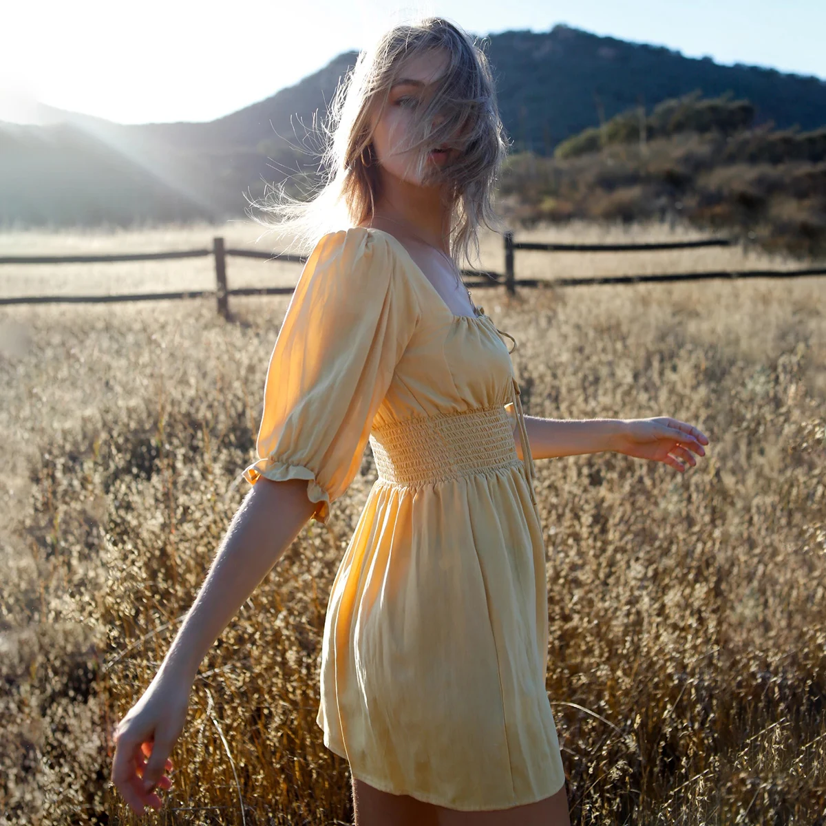 

KHALEE YOSE Vintage Yellow Mini Dress Summer 2019 Smocked Waist Puff Sleeve Square Neck Ruffle Adjustable Tie Short Casual Dress