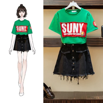 

2020 Summer New Women's Two Piece Set Korean Casual Letter Printing Round Neck Short Sleeve T-shirt + Denim Shorts Female Suit