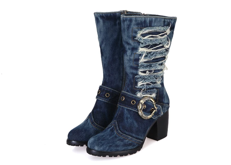 3 jeans boots Синие джинсовые женские зимние ботинки новая парусиновая обувь на высоком каблуке Нескользящие ботинки с кристаллами женская обувь на каблуке, большие размеры США - Цвет: 3 jeans boots
